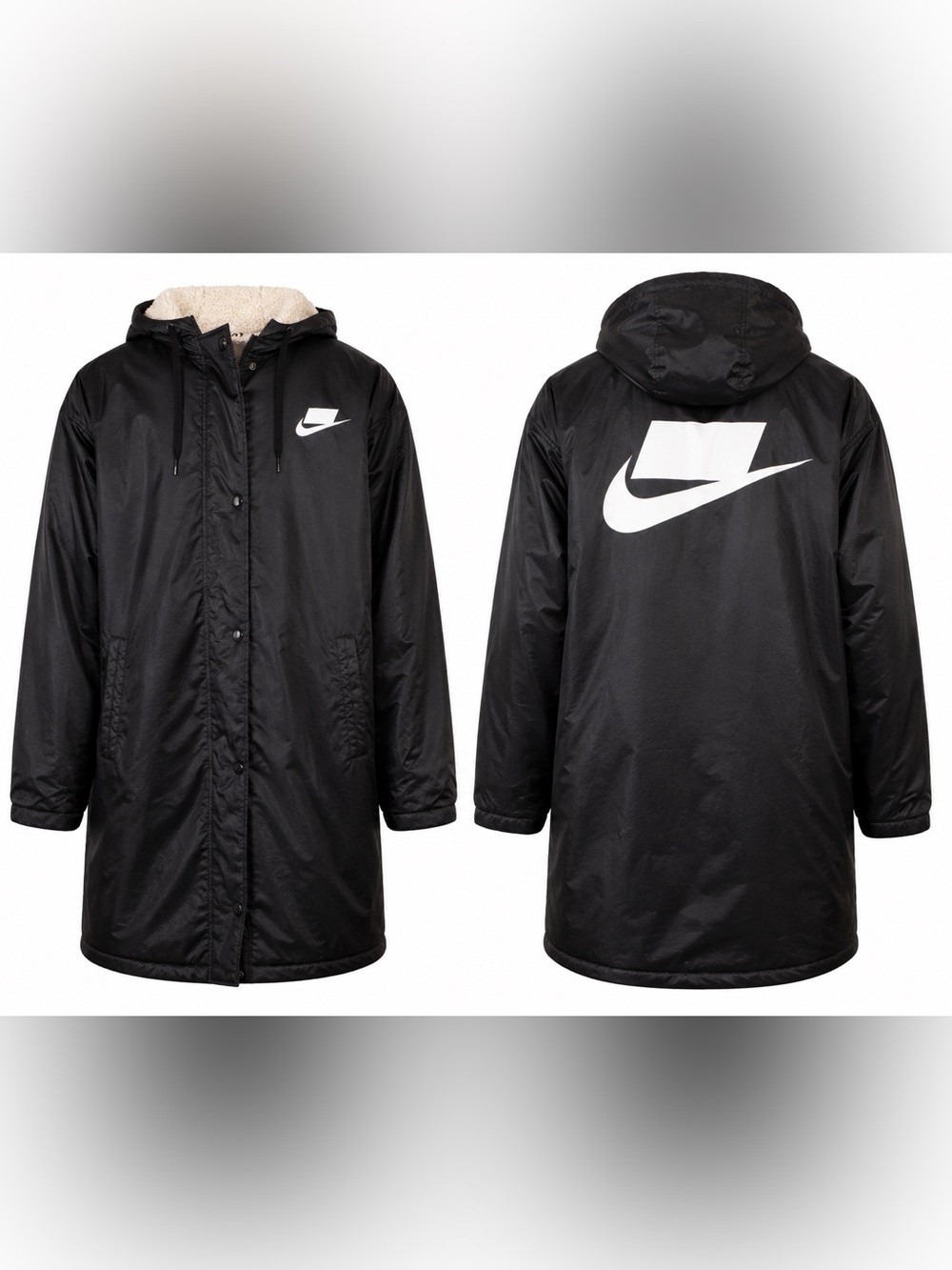 Nike Sports Sherpa Lined Hooded Long Coach’s Parka Jacket – Men’s Large – Black